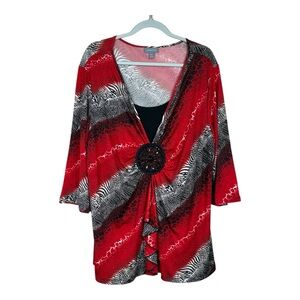 Essentials Red, White, Black 3/4 Sleeve Tunic With Beaded Embellishment Size 2X